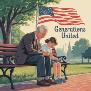 An elderly man and a young girl sit on a bench with an american flag