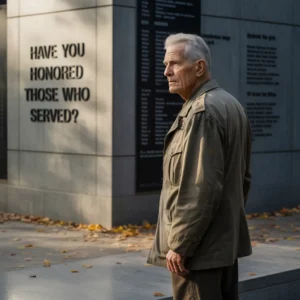 An older man in uniform stands before a memorial