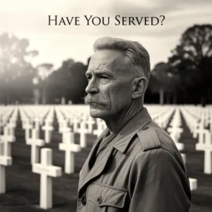 An older man in uniform stands in a cemetery with white crosses