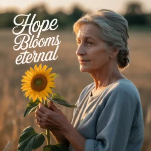 An older woman holding a sunflower, with the text 'hope blooms eternal'