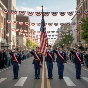 Five uniformed men saluting while holding an american flag in parade