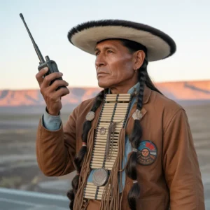 Native american man in traditional attire holding a radio, looking off into the distance