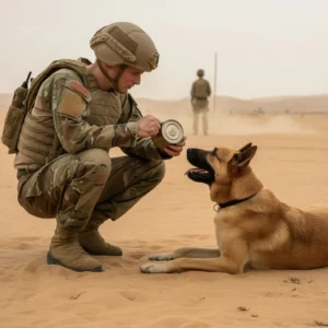 Soldier and military dog in desert, soldier opening can for dog