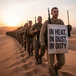 Soldiers marching in formation across a desert, holding rifles and a sign
