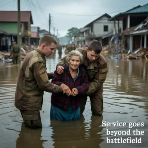 Two soldiers helping an elderly woman through floodwaters in a devastated town