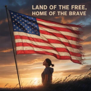 Woman standing before a waving american flag at sunset with patriotic text